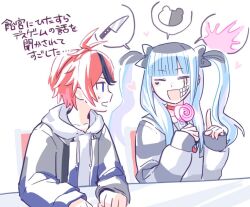 1boy 1girl amemiya_darumi black_hair blue_eyes blue_hair candy collar ear_piercing earrings food heart holding_candy holding_lollipop japanese_text jewelry lollipop makeup mei_guchuan multicolored_hair open_mouth piercing red_hair runny_makeup simple_background sitting smile speech_bubble sumino_takumi the_hundred_line_-last_defense_academy- translation_request twintails upper_body