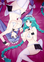 2girls ass bed_sheet bikini blue_hair blush braid breasts canal_vorfeed facial_mark forehead_mark green_hair highres huge_breasts large_breasts long_hair looking_at_viewer lost_universe lying maid maid_bikini maid_headdress multiple_girls paid_reward_available purple_eyes smile solo swimsuit thighhighs thighs twin_braids unconventional_maid very_long_hair white_thighhighs zatsu