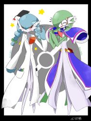 Rule 34 | alternate color, blue hair, blue skin, blush, braided twintails, capelet, closed eyes, clothed pokemon, coke-bottle glasses, colored skin, dress, gardevoir, gardevoir (sacred), gen 3 pokemon, glasses, green hair, green skin, highres, inb795, lab coat, monocle, multicolored skin, nintendo, pokemon, pokemon (creature), pokemon unite, purple capelet, shiny pokemon, signature, smile, star (symbol), two-tone skin, waist cape, white dress, white skin