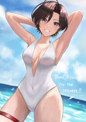 1girl absurdres ahoge black_hair blue_eyes blue_sky breasts casual_one-piece_swimsuit cloud commission day highres horizon indie_virtual_youtuber medium_breasts nanami_natsu ocean one-piece_swimsuit outdoors parted_bangs potemaka short_hair skeb_commission sky solo swimsuit thigh_strap virtual_youtuber white_one-piece_swimsuit