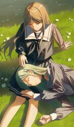 2girls absurdres bang_dream! bang_dream!_it&#039;s_mygo!!!!! black_dress black_shirt black_skirt brown_hair choker closed_eyes closed_mouth commentary day dress flower frilled_choker frills hand_on_another&#039;s_head hashtag-only_commentary highres jun_(inrshun) lap_pillow long_hair multiple_girls nagasaki_soyo on_grass outdoors plaid_clothes plaid_dress pleated_skirt sailor_collar school_uniform shadow shirt skirt tsukinomori_school_uniform wakaba_mutsumi white_flower white_sailor_collar yuri