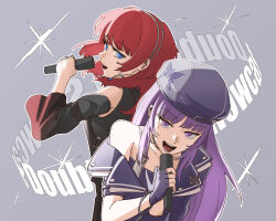 Rule 34 | 2girls, absurdres, animal print, beret, black shirt, black sleeves, blue eyes, butterfly print, chain, commentary request, detached sleeves, earrings, fingerless gloves, gloves, grey background, hand up, hat, highres, holding, holding microphone, imi (rk music), itsumeee3, jacket, jewelry, long hair, looking at viewer, microphone, mole, mole under eye, multiple girls, multiple moles, multiple rings, music, open mouth, purple eyes, purple gloves, purple hair, purple hat, purple jacket, red hair, ring, rk music, shirt, singing, single bare shoulder, smile, virtual youtuber, xiden