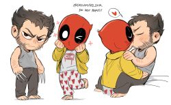 2boys arm_hair barefoot beard blush brown_hair chibi claw_(weapon) closed_eyes couple deadpool deadpool_&amp;_wolverine deadpool_(series) dreaming_oor facial_hair frown heart heart_print highres hood hood_down kiss male_focus marvel marvel_cinematic_universe multiple_boys one_eye_closed pants puckered_lips red_mask shirt short_hair sitting sitting_on_lap sitting_on_person spoken_heart tank_top v-shaped_eyebrows weapon wolverine_(x-men) x-men yaoi