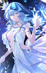 1girl absurdres armlet bisqqque blue_butterfly blue_dress blue_hair blue_nails blue_veil breasts bug butterfly colored_eyelashes commentary dress fingernails hair_between_eyes hand_up highres insect jewelry large_breasts long_hair looking_at_viewer nail_polish purple_eyes shorekeeper_(wuthering_waves) sleeveless sleeveless_dress solo two-tone_veil veil white_veil wuthering_waves