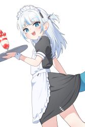1girl :d absurdres apron black_dress blue_eyes blue_nails blue_streaks blunt_bangs dress fins fish_tail food frilled_apron frills gawr_gura highres holding holding_tray hololive hololive_english long_hair looking_at_viewer maid_apron maid_headdress multicolored_hair open_mouth parfait puffy_short_sleeves puffy_sleeves shark_girl shark_tail sharp_teeth short_sleeves sidelocks smile solo streaked_hair tail teeth tray two_side_up ugaaaa1 virtual_youtuber white_apron white_background white_headdress wrist_cuffs