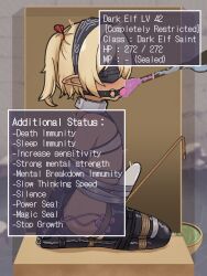 1girl alternate_language armbinder arms_behind_back bandeau bdsm black_blindfold blindfold blonde_hair bondage bound box collar dark-skinned_female dark_skin dildo_gag english_text feeding flat_chest force-feeding gag gagged highres hitachi_magic_wand kuzlin legbinder loli metal_collar original ponytail remote_control_vibrator restrained rope saliva seiza sex_toy shibari short_hair sitting solo tongue tongue_out two_side_up vibrator white_bandeau x-ray yellow_eyes