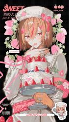 1boy absurdres armband artist_name bandaged_fingers bandages black_background blush bow bowl cake cake_stand chef_hat chibi chibi_inset cowboy_shot english_text food food_on_face fork fruit hand_up hat hat_bow highres holding holding_bowl holding_whisk jacket licking licking_finger looking_to_the_side male_focus multicolored_hair nana_tetra open_mouth orange_hair original outline pants pink_armband pink_bow pink_eyes pink_hair pink_shirt shirt short_hair simple_background solo strawberry streaked_hair whisk white_hat white_jacket white_pants wiping_face