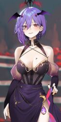 1girl bare_shoulders black_nails breasts cleavage commentary cowboy_shot criss-cross_halter dress grin halterneck hievasp highres indie_virtual_youtuber large_breasts looking_at_viewer medium_breasts mythia_batford nail_polish purple_hair red_eyes short_hair smile solo standing virtual_youtuber