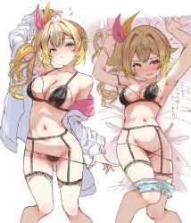1girl absurdres black_bra black_panties blonde_hair blush bra breasts denim denim_shorts hair_ornament hairclip highres hoshikawa_sara jacket lingerie medium_breasts multiple_views navel nijisanji on_bed open_mouth panties pink_eyes shorts solo tazrn1 underwear virtual_youtuber white_jacket yellow_eyes