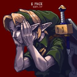 1boy blonde_hair gus_uur hat link mask nintendo pointy_ears red_background removing_mask scabbard sheath shield shield_on_back solo sword the_legend_of_zelda the_legend_of_zelda:_majora&#039;s_mask tunic upper_body weapon