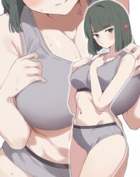 1girl bare_shoulders blunt_bangs blunt_ends bob_cut breasts cleavage closed_mouth collarbone commentary cowboy_shot flower flower_knot green_eyes green_hair grey_panties grey_sports_bra grey_sports_panties hair_flower hair_ornament large_breasts link!_like!_love_live! love_live! momose_ginko multiple_views navel outer_glow panties pink_flower simple_background solo soyo1558686 sports_bra sports_panties stomach underwear underwear_only virtual_youtuber white_background