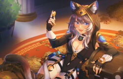 1girl :d animal_ear_fluff animal_ears beads black_gloves blue_eyes bow braid breasts cat_ears cat_tail cipher_(honkai:_star_rail) cleavage coin dadadabibadum fangs fingerless_gloves gloves grey_hair hair_bow highres holding holding_coin honkai:_star_rail honkai_(series) long_hair long_sleeves looking_at_viewer mole mole_on_chest open_mouth sitting smile solo tail thighs white_bow