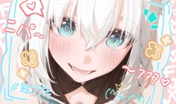 1girl absurdres ahoge aqua_eyes blush braid close-up commentary crossed_bangs double-parted_bangs hair_between_eyes highres hololive hood hooded_vest hoodie hyde_(tabakko) long_hair looking_at_viewer open_mouth shirakami_fubuki shirakami_fubuki_(1st_costume) side_braid simple_background single_braid solo symbol-only_commentary vest virtual_youtuber white_background white_hair