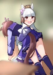 2girls :d animal_ears black_shoes blurry blurry_background blurry_foreground bow braid brown_hair brown_hat carrying_over_shoulder clothing_cutout commentary_request depth_of_field ear_bow ear_covers feet_out_of_frame gold_ship_(umamusume) hat highres horse_ears horse_girl horse_tail kneehighs long_hair long_sleeves mini_hat multiple_girls open_mouth pleated_skirt puffy_long_sleeves puffy_sleeves purple_bow purple_shirt purple_skirt purple_socks purple_thighhighs red_eyes school_uniform shi_(kamokamo910) shirt shoes skirt smile socks special_week_(umamusume) tail tail_through_clothes thighhighs tracen_school_uniform umamusume v-shaped_eyebrows very_long_hair white_hair