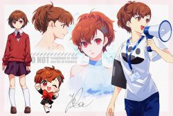 Rule 34 | 1girl, absurdres, bare shoulders, blush, bow, bowtie, brown hair, closed mouth, collarbone, collared shirt, dress, gekkoukan high school uniform, hair ornament, hairclip, highres, holding, holding megaphone, jack frost (megami tensei), long sleeves, megaphone, one eye closed, open mouth, pants, persona, persona 3, persona 3 portable, red eyes, red skirt, red sweater, ribbon, school uniform, shiomi kotone, shirt, short hair, short sleeves, skirt, smile, socks, sweater, t-shirt, white shirt, white socks, yokaroni