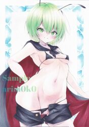 1girl antennae arim0k0 artist_name bikini black_bikini black_cape black_shorts blush breasts cape closed_mouth commentary cowboy_shot green_eyes green_hair groin highres looking_at_viewer marker_(medium) micro_bikini navel red_cape sample_watermark short_hair shorts small_breasts smile solo swimsuit touhou traditional_media two-sided_cape two-sided_fabric watermark wriggle_nightbug