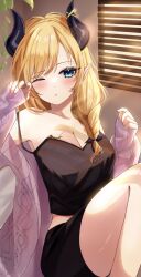 1girl absurdres bat_hair_ornament bedroom black_camisole black_horns black_shorts blonde_hair blue_eyes blush braid breast_tattoo breasts camisole cardigan cleavage commentary_request demon_horns grey_cardigan hair_ornament hair_over_shoulder hand_up highres hololive horn_ornament horn_ring horns indoors knees_up large_breasts long_hair looking_at_viewer nanahoshi_(n_bl08) official_alternate_hairstyle parted_hair parted_lips pointy_ears rubbing_eyes shorts side_braid sitting sleepwear solo spaghetti_strap strap_slip tattoo virtual_youtuber waking_up window_blinds window_shadow winged_heart winged_heart_tattoo yuzuki_choco