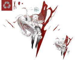 Rule 34 | 1girl, animal ears, arrow (symbol), baggy pants, bare shoulders, belt, black belt, black footwear, boots, braid, cat ears, cat tail, chinese commentary, closed mouth, commentary request, crop top, debris, disembodied hand, eyelashes, flower, full body, grey eyes, grey shirt, highres, knee boots, light frown, long hair, looking at viewer, low twin braids, mechanical ears, mechanical tail, navel, original, oversized object, pants, recycling symbol, ric li, rock paper scissors, scissors, shirt, simple background, sleeveless, sleeveless shirt, spaghetti strap, stomach, tail, twin braids, white background, white flower, white hair, white pants, zoom layer