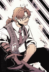 1boy animal animal_on_head arthropod_limbs beard_stubble belt black_vest brown_hair bug cockroach collared_shirt facial_hair glasses gregor_(project_moon) hair_tie highres id_card insect lcb_uniform_(project_moon) limbus_company low_ponytail male_focus mry_46 necktie on_head open_mouth ponytail project_moon red_necktie shirt sitting solo sparkle striped_background stubble sweatdrop vertical-striped_background vest white_shirt