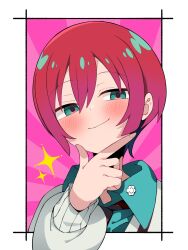 1girl amate_yuzuriha aqua_eyes blush closed_mouth gundam gundam_gquuuuuux highres long_sleeves looking_at_viewer necktie red_hair sabi1234 school_uniform shirt short_hair smile smirk solo sweater zooming_in