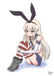 1girl akashieru anchor_hair_ornament black_hairband black_neckerchief black_panties blonde_hair blue_sailor_collar blue_skirt commentary_request crop_top elbow_gloves full_body gloves grey_eyes hair_ornament hairband highleg highleg_panties highres hugging_own_legs kantai_collection long_hair microskirt miniskirt neckerchief panties pout sailor_collar shimakaze_(kancolle) shirt simple_background sitting skirt sleeveless sleeveless_shirt solo striped_clothes striped_thighhighs thighhighs underwear white_background white_gloves