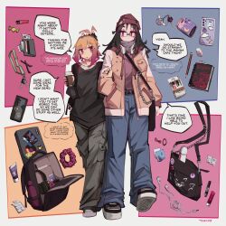 2girls absurdres backpack bag beanie belt belt_buckle black_bag black_belt black_hair black_nails black_shirt blue_pants bottle brown_jacket buckle candy cellphone claw_hair_clip commentary computer couple cup disposable_cup earphones english_commentary english_text food full_body glasses grabbing_another&#039;s_arm gradient_hair grey_pants hat headphones heart-shaped_charm highres holding holding_cup jacket jewelry key lanyard laptop lesbian_flag_print long_hair long_sleeves multicolored_hair multiple_girls multiple_rings nail_polish notebook open_clothes open_jacket orange_hair original pants phone pill purple_hair purple_scrunchie red_eyes red_hat ring scrunchie shirt smartphone togekk0 turtleneck wallet yuri