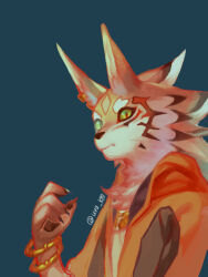 1boy animal_ear_piercing blue_background claws closed_mouth furry furry_male green_eyes looking_at_viewer male_focus pawpads seth_(housamo) simple_background solo sora-ya_(uya_kyo) tokyo_houkago_summoners twitter_username upper_body