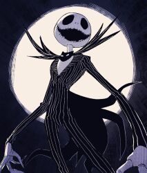 1boy animification hoshi_(star-name2000) jack_skellington jacket long_sleeves looking_at_viewer male_focus open_mouth patchwork_skin pinstripe_pattern pinstripe_vest simple_background skeleton smile solo striped_clothes striped_vest the_nightmare_before_christmas vertical-striped_clothes vertical-striped_vest vest