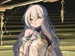 1girl aira_momomo bare_shoulders braid breasts bright_pupils cleavage cleavage_cutout clothing_cutout colored_extremities dress finger_to_own_chin genshin_impact hair_between_eyes hair_ornament halo hand_up index_finger_raised istaroth_(genshin_impact) long_hair open_mouth purple_hands small_breasts solo star_(symbol) thinking upper_body very_long_hair white_dress white_hair white_pupils yellow_eyes