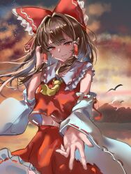 1girl ascot bird bow breasts brown_hair chinese_commentary closed_mouth commentary_request detached_sleeves frilled_bow frilled_hair_tubes frilled_skirt frills hair_bow hair_tubes hakurei_reimu highres light_smile long_hair looking_at_viewer midriff_peek navel outdoors reaching reaching_towards_viewer red_bow red_eyes red_skirt ribbon-trimmed_sleeves ribbon_trim sakura_no_ha skirt skirt_set solo touhou yellow_ascot