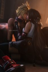 1boy 1girl 3d absurdres arm_guards armor artist_name bare_shoulders bedroom black_gloves black_hair black_skirt black_thighhighs blonde_hair boots closed_eyes cloud_strife couple crop_top earrings elbow_gloves final_fantasy final_fantasy_vii final_fantasy_vii_remake fingerless_gloves gloves hand_on_another&#039;s_chest hand_on_another&#039;s_head hetero highres indoors jewelry kiss long_hair low-tied_long_hair red_footwear ria-neearts shoulder_armor single_bare_shoulder single_earring sitting skirt spiked_hair square_enix suspender_skirt suspenders sweater tank_top thighhighs tifa_lockhart turtleneck turtleneck_sweater white_tank_top