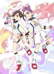 Rule 34 | 1boy, 1girl, black hair, brown eyes, brown hair, closed mouth, commentary request, gen 7 pokemon, gloves, hair ornament, highres, holding, holding poke ball, hydrapple, incineroar, juliana (pokemon), kieran (pokemon), kneehighs, long sleeves, miraidon, mole, mole on neck, nekoniko777, nintendo, open mouth, partially fingerless gloves, poke ball, poke ball (basic), pokemon, pokemon sv, purple hair, red shoes, sharp teeth, shoes, shorts, single glove, skeledirge, socks, teeth, white shorts, white socks, yellow eyes