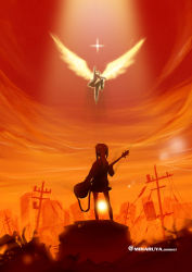 1boy 1girl bass_guitar cityscape flcl genderswap genderswap_(ftm) genderswap_(mtf) guitar instrument kyon kyonko miharu_(cgsky) parody ponytail power_lines ruins scenery star_(symbol) sunset suzumiya_haruhi suzumiya_haruhi_no_yuuutsu suzumiya_haruhiko suzumiya_haruhiko_no_yuuutsu wings
