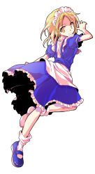 1girl alphes_(style) apron arm_at_side ascot bare_arms blonde_hair blue_shoes bobby_socks closed_mouth commentary_request dairi dress frilled_dress frills full_body highres large_variant_set maid maid_headdress mary_janes mugetsu_(touhou) parody puffy_short_sleeves puffy_sleeves red_ascot shoes short_hair short_sleeves socks solo style_parody touhou touhou_(pc-98) transparent_background variant_set waist_apron white_apron white_socks yellow_eyes