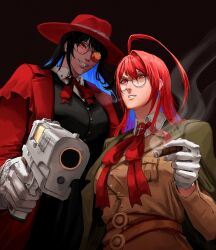 absurdres ahoge alucard_(hellsing) alucard_(hellsing)_(cosplay) ascot black_hair blue_fire blue_hair breasts coat colored_inner_hair cosplay crystal_horns demon_horns dress elizabeth_rose_bloodflame fire fire_on_chest flower glasses gloves grin gun handgun hat hellsing highres holding hololive hololive_english horn_flower horns huge_ahoge integra_hellsing integra_hellsing_(cosplay) jackal_(hellsing) large_breasts long_hair looking_at_viewer mairu_(user_2757) mole mole_under_eye multicolored_hair multiple_girls necktie nerissa_ravencroft overcoat red_eyes red_hair ribbon smile two-tone_hair vampire very_long_hair virtual_youtuber weapon white_gloves