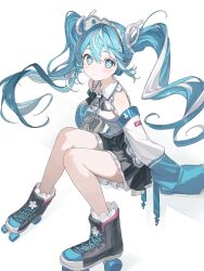1girl bare_shoulders black_boots black_bow black_bowtie black_hairband black_skirt blue_eyes blue_hair blush boots borrowed_design bow bowtie can_pull_tab closed_mouth collared_shirt commentary detached_sleeves flower-shaped_pupils frilled_skirt frills full_body hair_between_eyes hairband hatsune_miku highres karyln long_hair looking_at_viewer multicolored_hair pleated_skirt roller_skates shirt simple_background sitting skates skirt sleeveless sleeveless_shirt sleeves_past_fingers sleeves_past_wrists solo streaked_hair symbol-only_commentary symbol-shaped_pupils twintails two-tone_hair vocaloid white_background white_hair white_shirt white_sleeves yuki_miku yuki_miku_(2024)_(applicant)