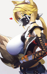 1girl absurdres animal_ears black_choker black_gloves black_jacket black_mask blonde_hair blue_shorts body_fur breasts cat_ears cat_girl cat_tail choker crop_top fingerless_gloves furry furry_female gloves green_eyes highres jacket lace-trimmed_sleeves lace_trim large_breasts long_hair parted_lips ponytail pulchra_fellini shirt short_shorts shorts sideboob tail white_shirt yellow_fur zenless_zone_zero zion_rss
