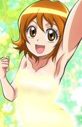 1girl arm_up armpits bare_shoulders breasts brown_eyes brown_hair clenched_hand commentary glowing green_background hanzou happinesscharge_precure! highres lens_flare light_particles looking_at_viewer naked_towel oomori_yuuko open_mouth precure short_hair smile solo standing towel