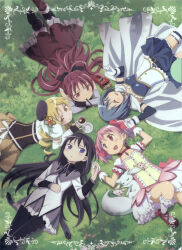 5girls absurdres akemi_homura akemi_homura_(magical_girl) argyle_clothes argyle_pantyhose beret black_hair blonde_hair blue_eyes blue_hair blue_skirt blush bow bubble_skirt cape choker corset cup detached_sleeves drill_hair fingerless_gloves food gloves grass hair_bow hair_ornament hair_ribbon hairband hat highres holding holding_cup holding_hands kaname_madoka kaname_madoka_(magical_girl) kyubey long_hair magical_girl mahou_shoujo_madoka_magica miki_sayaka miki_sayaka_(magical_girl) multiple_girls non-web_source official_art on_grass one_eye_closed open_mouth pantyhose pink_eyes pink_hair pocky puffy_sleeves purple_eyes red_eyes red_hair ribbon sakura_kyoko sakura_kyoko_(magical_girl) scan short_hair short_twintails skirt smile soul_gem tea teacup thighhighs tomoe_mami tomoe_mami_(magical_girl) twin_drills twintails white_gloves yellow_eyes