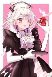 1girl ;p animal_ears arknights black_dress braid breasts cat_ears cat_girl cleavage commentary_request dress earrings elbow_gloves extra_ears gem gloves hair_ornament hairclip highres holding holding_gem holding_tray jewelry kazemaru_(arknights) kazemaru_(like_illusion)_(arknights) long_hair looking_at_viewer maid maid_headdress mole mole_under_eye official_alternate_costume one_eye_closed origami red_gemstone reinoni solo sparkle teapot tongue tongue_out tray white_gloves