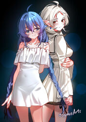2girls ahoge bare_shoulders blue_earrings blue_eyes blue_hair blush braid breasts clothing_cutout collarbone colorized dot_nose dress earrings elf female_focus flat_chest highres jewelry legs long_ears long_hair long_sleeves looking_at_viewer looking_back multiple_girls mushoku_tensei navel_cutout nightgown petite pointy_ears red_eyes roxy_migurdia short_hair shorts skirt small_breasts smile sydus sylphiette_(mushoku_tensei) thighs twin_braids very_long_hair white_dress white_hair white_nightgown white_skirt
