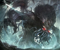 1other absurdres aircraft bat_wings cowboy_shot cthulhu eldritch_abomination fingernails giant giant_monster helicopter highres lightning lights monster monster_focus nude ocean original red_eyes sharp_fingernails solo_focus storm tentacle_mouth tentacles thunder wings yaziri