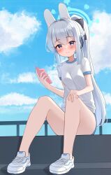 Rule 34 | 1girl, blue archive, blue halo, blue sky, blush, cellphone, cloud, cloudy sky, grey hair, hair ornament, halo, highres, long hair, looking at viewer, miyako (blue archive), outdoors, phone, purple eyes, rabbit hair ornament, shirt, shoes, sky, smartphone, sneakers, solo, tisofofo, white shirt