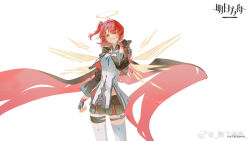 1girl ahoge arknights artist_name black_gloves black_jacket black_shorts breasts chinese_commentary closed_mouth commentary_request copyright_name cropped_jacket dress exusiai_the_new_covenant_(arknights) fingerless_gloves gloves halo hand_up highres jacket looking_at_viewer medium_breasts medium_hair official_art one_side_up open_clothes open_jacket red_hair shorts shule_de_yu simple_background smile solo thighhighs three-quarter_sleeves white_background white_dress white_thighhighs wide_sleeves wings