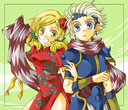 1990s_(style) 1boy 1girl aosena armor blonde_hair blue_eyes ceodore_harvey china_dress chinese_clothes dress final_fantasy final_fantasy_iv final_fantasy_iv:_the_after_years flower hair_ornament long_hair lowres scarf short_hair silver_hair twintails ursula_leiden yellow_eyes