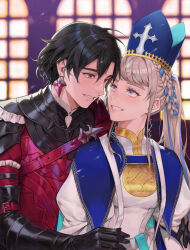 Rule 34 | 1boy, 1girl, absurdres, arm belt, black gloves, black hair, blue cape, blue hair, braid, braided hair rings, brown eyes, cape, constantine xi (fate), cross, cross earrings, dnstar 1019, dress, earrings, elbow gloves, eye contact, fate/grand order, fate (series), front-to-back, gloves, gold trim, grey hair, hair between eyes, hair rings, hand on another&#039;s arm, hat, hetero, highres, jewelry, johanna (fate), johanna (third ascension) (fate), juliet sleeves, long hair, long sleeves, looking at another, mitre, multicolored hair, ponytail, pope, puffy sleeves, purple eyes, red tunic, short hair, shoulder strap, smile, streaked hair, swept bangs, tunic, upper body, white dress