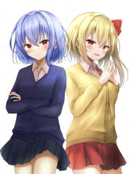 &gt;:) 2girls absurdres black_skirt blue_sweater blush bow breasts closed_mouth commentary crossed_arms eyebrows_hidden_by_hair eyelashes fang flandre_scarlet hair_between_eyes hair_bow hands_up highres looking_at_viewer medium_hair miniskirt multiple_girls nose open_mouth own_hands_together pleated_skirt red_bow red_eyes red_skirt remilia_scarlet siblings side_ponytail sidelocks sisters skirt small_breasts smug sweater szl thighs touhou v-shaped_eyebrows wing_collar yellow_sweater