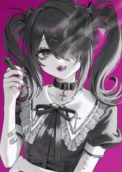 1girl absurdres ame-chan_(needy_girl_overdose) choker cross cross_choker frilled_shirt_collar frills hair_ornament highres jirai_kei lace_collar long_hair looking_at_viewer m_psycho_83 needy_girl_overdose open_mouth self-harm_scar smile smoke smoking solo spot_color twintails upper_body x_hair_ornament