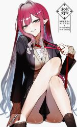 1girl baobhan_sith_(fate) black_jacket blush breasts earrings fang fate/grand_order fate_(series) grey_eyes grin highres jacket jewelry kabosoi_mangaka long_hair long_sleeves looking_at_viewer medium_breasts necktie open_clothes open_jacket pink_hair pleated_skirt pointy_ears school_uniform sitting skirt smile solo