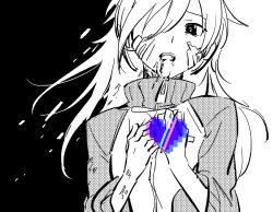 Rule 34 | 1girl, aaniko, bandaid, bandaid on cheek, bandaid on face, black background, blood, blood from mouth, breast pocket, coughing, ene (kagerou project), glitch, greyscale, hair over one eye, heart, jacket, kagerou project, long hair, long sleeves, looking at viewer, monochrome, pocket, solo, spot color, turtleneck, turtleneck jacket, two-tone background, upper body, white background, zipper, zipper pull tab